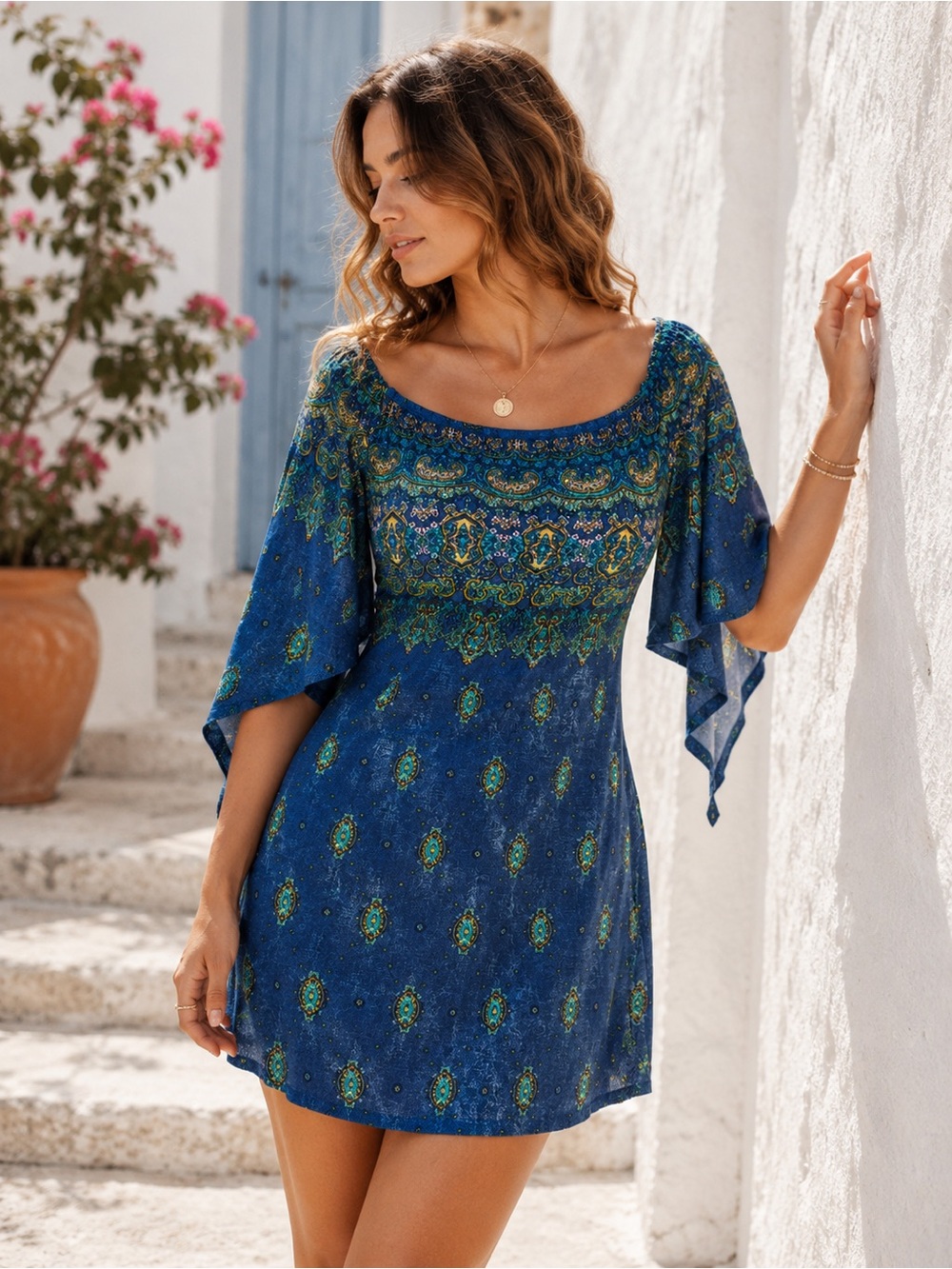 Haute Project Blue Green Boho Off Shoulder Fairycore Flowy Sleeve Mini Dress M